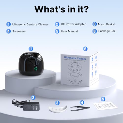 Ultrasonic Retainer Cleaner - UV Dental Cleaning Pod Night Guard Cleaner for Dentures, Aligner, Braces, Toothbrush Heads, Jewelry (Black)