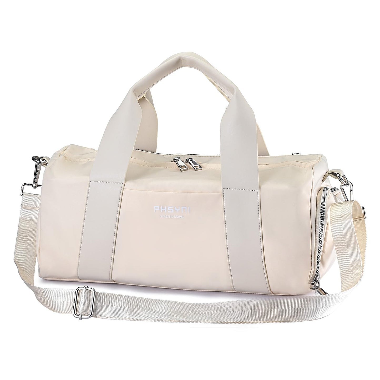PHSYNI Compact Sports Gym Bag for Women, Cute Mini Duffle Bag with Wet Pocket & Shoes Compartment, Personal Item Travel Workout Bag, 16"-Small, Beige