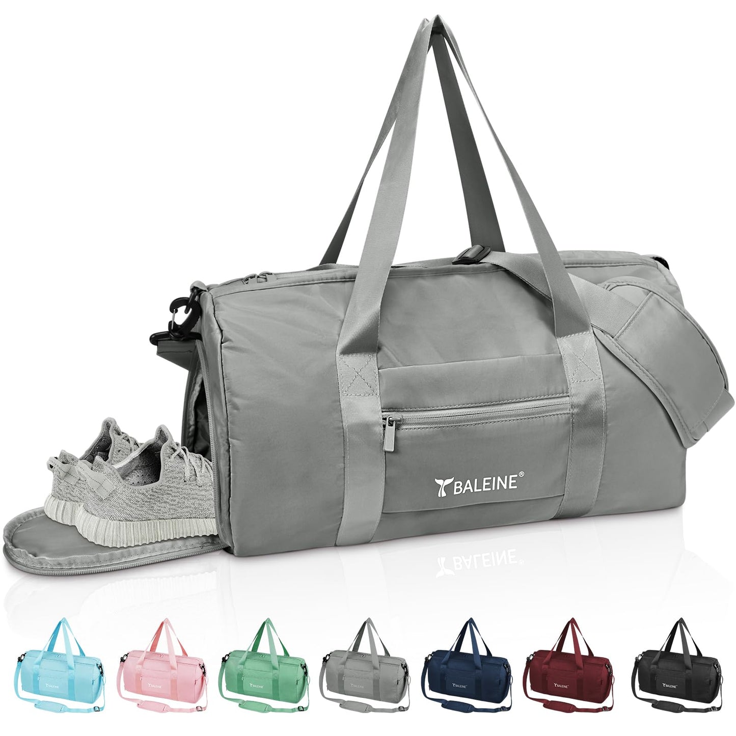 BALEINE Gym Bag for Women and Men, Small Duffel Bag for Sports, Gyms and Weekend Getaway, Waterproof Dufflebag with Shoe and Wet Clothes Compartments, Lightweight Carryon Gymbag (Silver)
