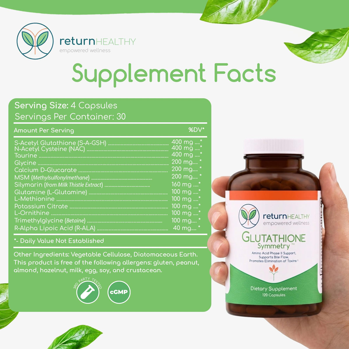 Return Healthy Glutathione Symmetry | S-Acetyl Glutathione Supplement | Antioxidants & Detoxification Supplement | Natural Cellular Support | All-Natural, Vegan, Non-GMO, 120 caps