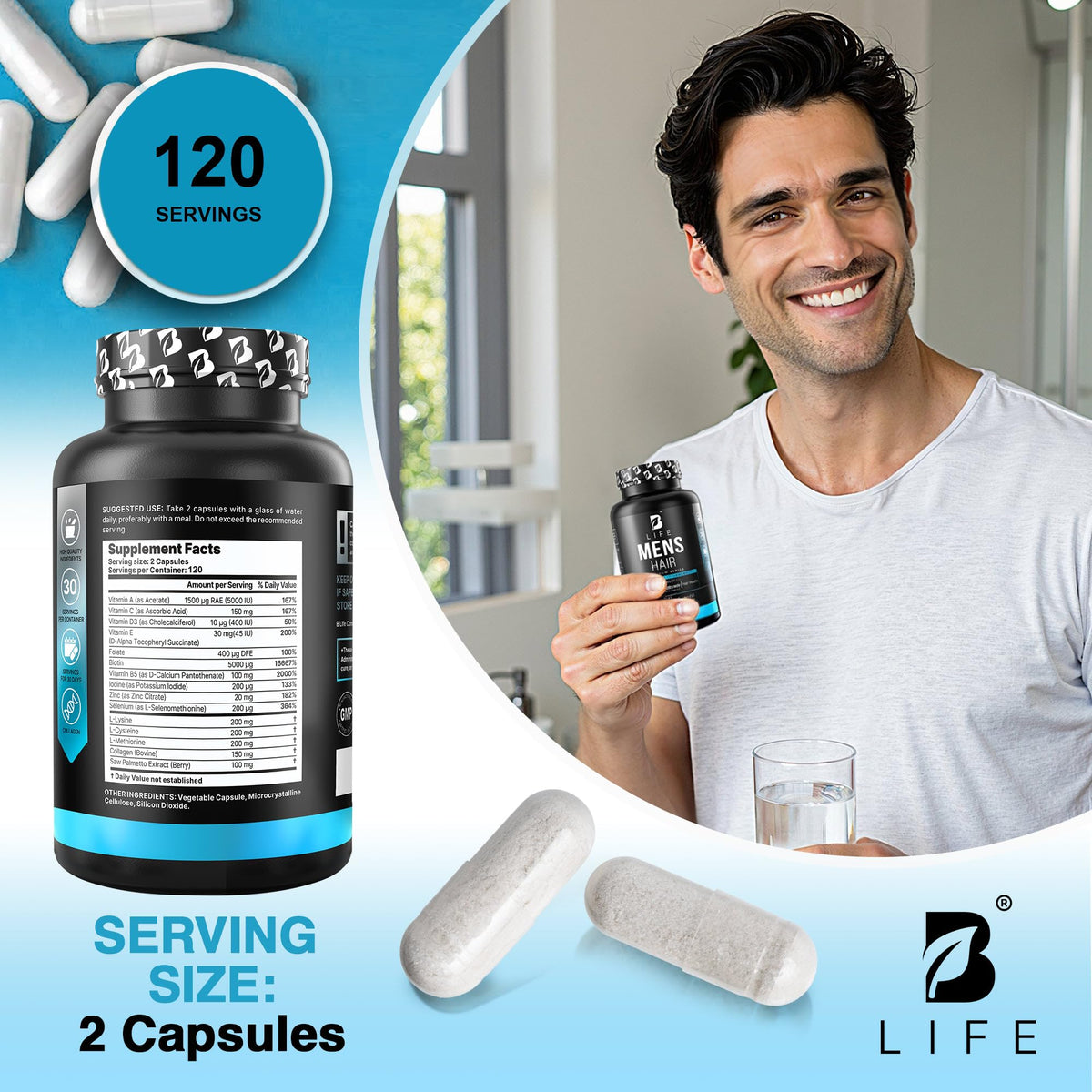 Men’s Hair Growth Supplement – Biotin & Collagen Hair Vitamins for Men – Thicker, Fuller Hair, Nail & Scalp Support – Hair Loss Supplement with Zinc, Selenium & Vitamins A C D E – 240 Capsules