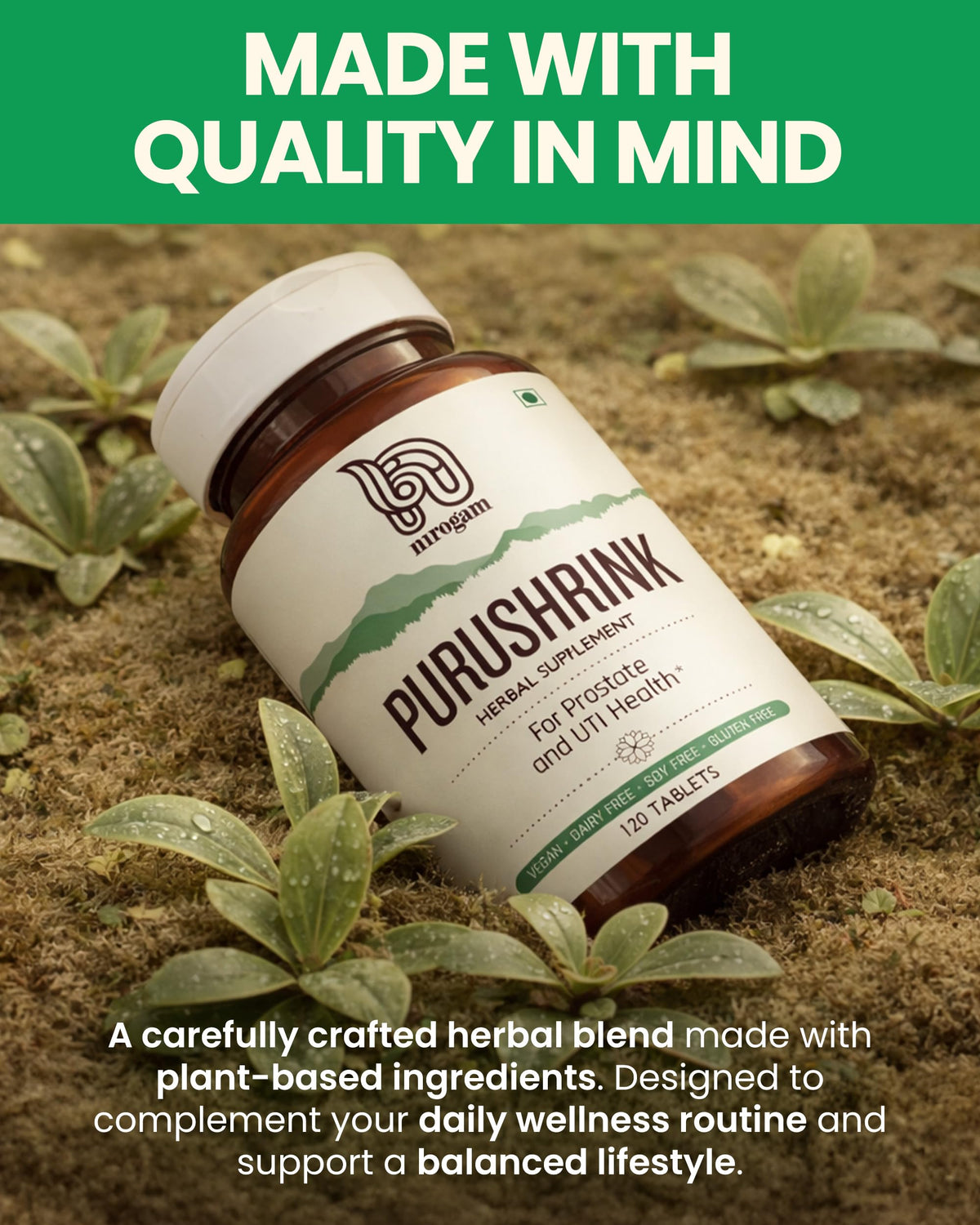 Nirogam Purushrink - BPH Prostate Supplement for Men, Supports Better Sleep & Urinary Health - Natural Ayurvedic Herbal Supplement 120 Tablets - Vegan, Dairy Free, Gluten Free