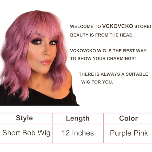 VCKOVCKO Pastel Wavy Wig With Air Bangs Women's Short Bob Purple Pink Wigs Curly Wavy Shoulder Length Pastel Synthetic Bob Wig for White Women Girls Daily Use Colorful Wigs(12", Purple Pink)