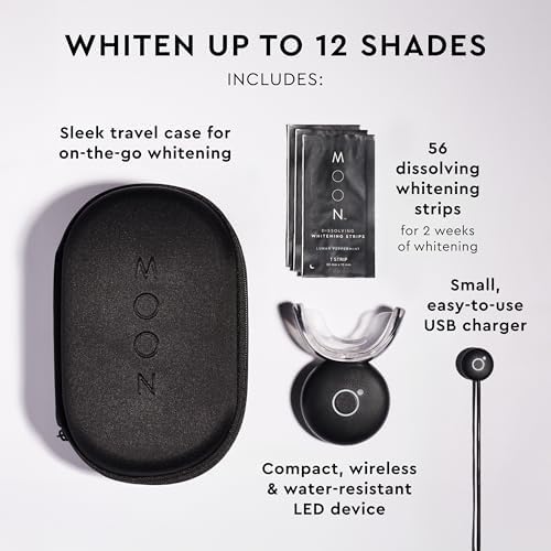 MOON LED Teeth Whitening Kit - Gentle Teeth Whitener Device, 56 White Strips, USB Charger & Travel Case - Blue Light Whitening Tray Removes Stains & Whitens Up to 12 Shades in 2 Weeks (4 Piece Kit)