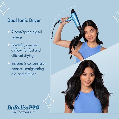 BabylissPRO Nano Titanium Hair Dryer, Professional 1875-Watt Blow Dryer, Lightweight, Ionic Technology Dries Hair Faster with Less Frizz