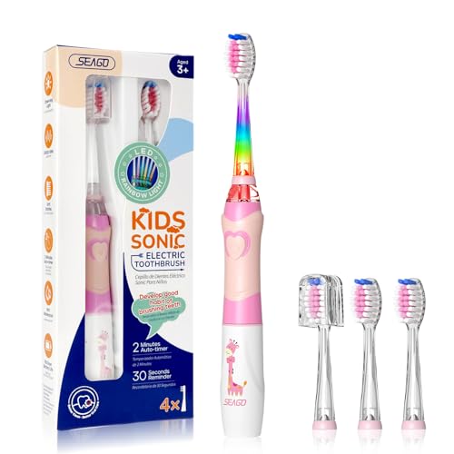 SEAGO Kids Electric Toothbrush with 2 Mins Timer and 4 Replacement Bursh Heads, Rainbow LED Light Make Brushing Fun, Pink Color Girls Battery Powerd for 4-12 Years Old，SG-977