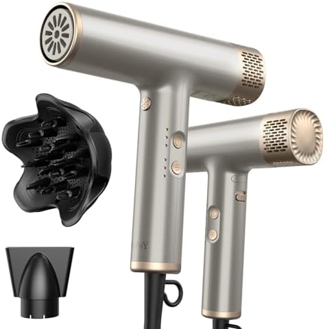 YAPOY Professional Hair Dryer with Diffuser Fast Drying 200 Million Ionic Blow Dryer with 110, 000 RPM High-Speed No Heat Damage Intelligent Thermo-Control Low Noise, Silver