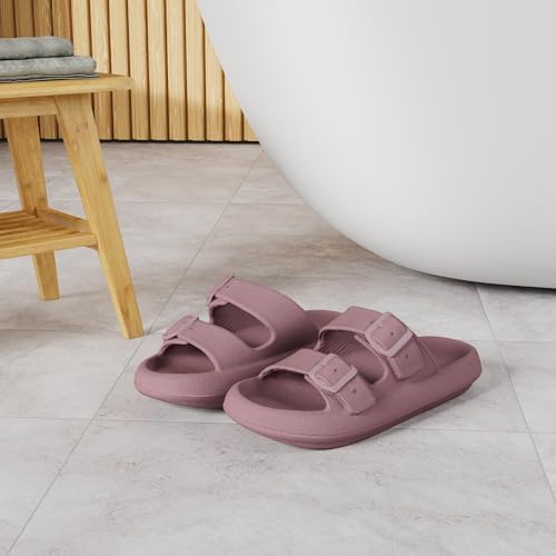 WHITIN Slides for Women Men Double Buckle Adjustable Thick Sole Pillow Slippers Bathroom Sandals
