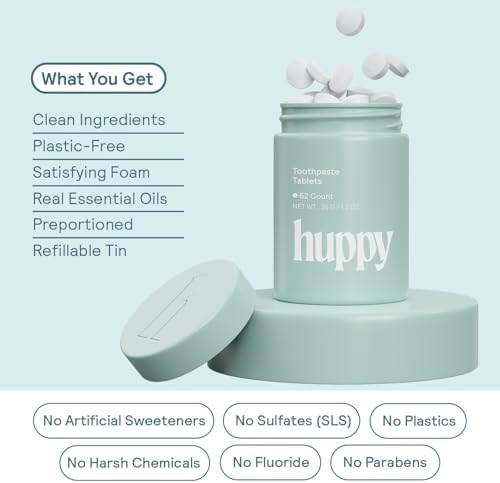 HUPPY Toothpaste Tablets, Nano Hydroxyapatite Toothpaste - Natural Whitening, Fluoride Free and Remineralizing Tablets - Travel Hydroxyapatite Tabs, 62 Count