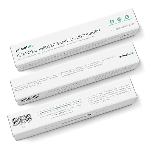 Primal Life Organics - Charcoal Toothbrush, Made with Charcoal & Bamboo, Biodegradable, BPA-Free, Perfect for Kids & Adults, Recyclable, Gently Massages Gums & Teeth, Zero Waste Toothbrush, (2-Pack)