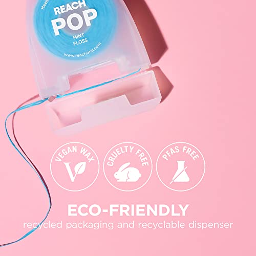 REACH POP Dental Floss, Mint, Plaque Remover for Teeth, Shred Resistant, Vegan Wax, Cruelty Free, Eco Friendly Packaging, Oral Care, PFAS Free, for Adults & Kids, 3 Pack, 54.6 yd