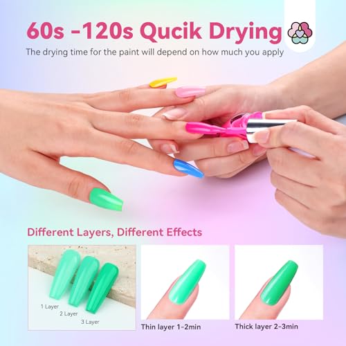 SAVILAND Finger Nail Polish Set for Beginner: 12 Neon Colors Air Quick Dry Nail Polish Summer Glitter Nail Polish Kit Regular Fingernail Polish Non Gel with Base-Top Polish for Toe Manicure Nail Art