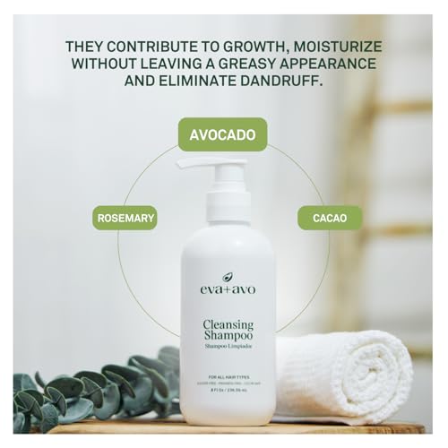 Eva + Avo Cleansing Shampoo with Avocado, Rosemary, Vitamins – Deep Cleansing Shampoo Build Up Remover for All Hair Types – Color-Safe – 2pcs