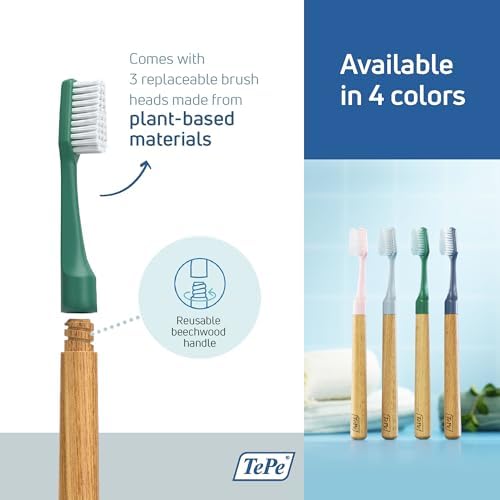 TePe Choice Soft Dental Toothbrush for Teeth Cleaning With 3 Replaceable Heads, Green