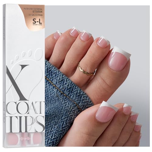 BTArtboxnails XCOATTIPS Toe Nail Tips - Lamp-Curable Real Square Pink Press On Toenails for Women, 150 Soak Off French Tip Toe Nail Extensions in 15 Sizes, Builder Gel & Top Coat Required