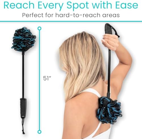 Vive Bendable Loofah on a Stick with Long Handle - Body Exfoliator Luffa & Long Handled Sponge - Back Scrubber & Bath Brush Lufa for Shower, Women, Men, Elderly - Handheld Loofa & Wall Hook Included