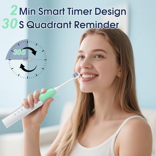 Electric Toothbrush for Adults, 5 Modes Sonic Toothbrush with 4 Brush Heads, 50000 VPM Deep Clean, 100-Day Battery Life, IPX7 Waterproof Rechargeable Toothbrushes Built-in Smart Timer, Green