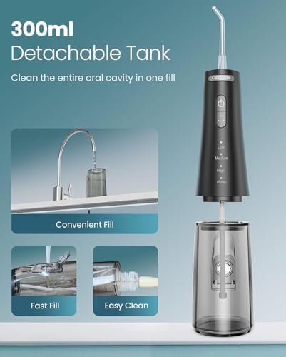 Onlyone Water Dental Flosser, 300ML Portable Oral Irrigator for Teeth, 4 Modes and 5 Jet Tips,Rechargeable Irrigation Cleaner,Electric Flossing Machine Power Flossers & Irrigator Accessories Black