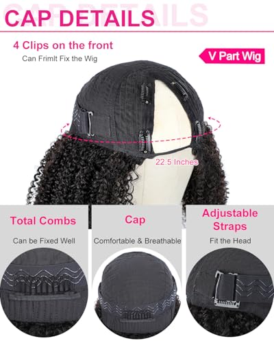 V SHOW Curly V Part Wig Human Hair Upgrade U Part Wig Human Hair Wigs for Women Glueless V Shape Wig Afro Curly Wigs No Leave Out 180% Density Natural Color 18Inch