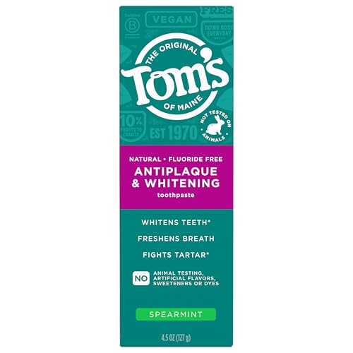 Tom’s of Maine Antiplaque and Whitening Fluoride Free Toothpaste, Spearmint, 4.5 Oz