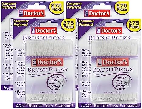 The Doctor's BrushPicks, Interdental Brushes and Dental Pick 2-in-1, Plaque Remover for Teeth, 275 Toothpicks, 4 Pack