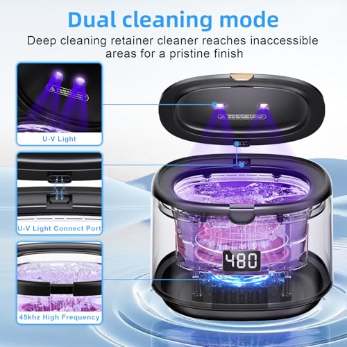 Ultrasonic Retainer Cleaner Machine Sonic Dental Cleaning Machine for Dentures, Aligners, Braces, Mouth Guards, Jewelry, Portable 30W/45kHz (Black)
