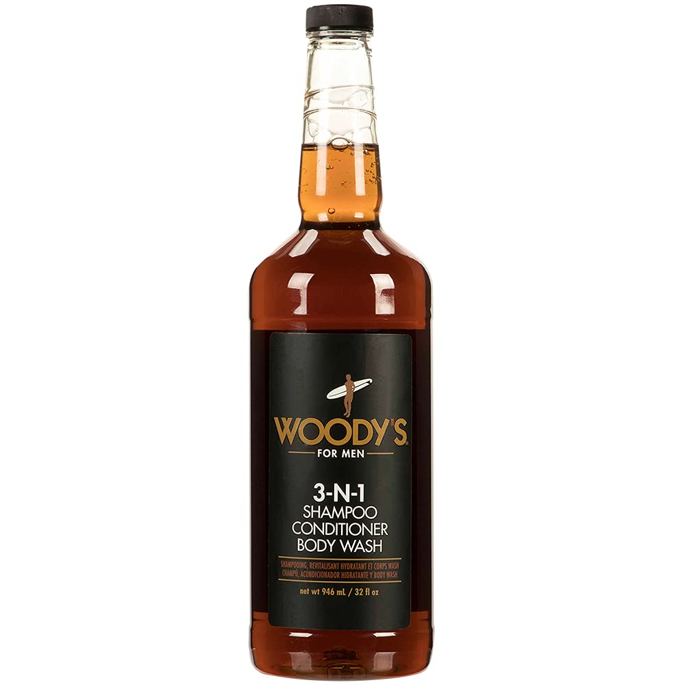 Woody's 3 in 1 Body Wash for Men - Shampoo, Conditioner, & Body Wash, Multipurpose Cleanser With Marine Extracts, Cucumber Fruit Extract, and Aloe Vera - 32 Fl Oz