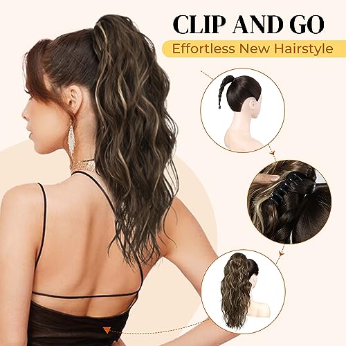 LONAI Ponytail Extension, 18" Wavy Claw Clip Ponytail Extensions Shoulder Length Curly Wavy Claw Clip in Pony tail Hair Extensions Pony tails Hairpieces-Dark Blonde with Blonde Highlights