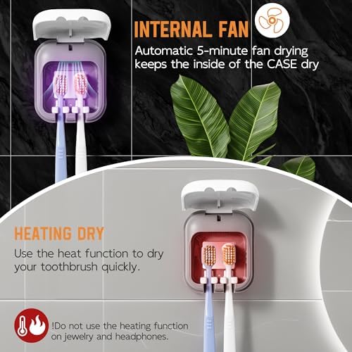 Toothbrush Sanitizeri Case with U V-C Lights, Dryer Heating, Fan Drying - Rechargeable Portable Toothbrush Cover, Hook Wall Mount Sterilizeri Box for Home, Travel & Fits All Toothbrushes