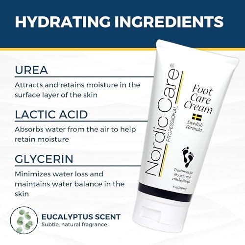 Nordic Care Foot Care Cream, 6 oz. | Foot Lotion for Cracked & Dry Skin | For Dry Feet, Cracked Heels & Callus Removal | Hypoallergenic & Lanolin-free | Essential Oils, Eucalyptus, Urea & Glycerin