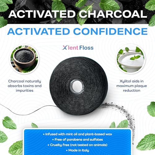 Expandable Dental Floss Treated with Activated Charcoal with Xylitol and Natural Plant Based Wax | Mint Flavor | PFAS & PTFE Free | Pack of 2 (50 m Floss Containers)