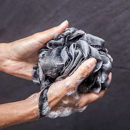Loofah Back Scrubber for Shower | Bamboo Charcoal Fiber Infused | Loufas for Men & Women | Includes 1 Long Handled Shower Sponge, 1 Bath & Shower Luffa Pouf & 1 Hook to Hang Stuff (Slate Grey)