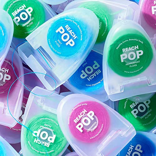 REACH POP Dental Floss, Peppermint, Plaque Remover for Teeth, Shred Resistant, Vegan Wax, Cruelty Free, Eco Friendly Packaging, Oral Care, PFAS Free, for Adults & Kids, 3 Pack, 54.6 yd