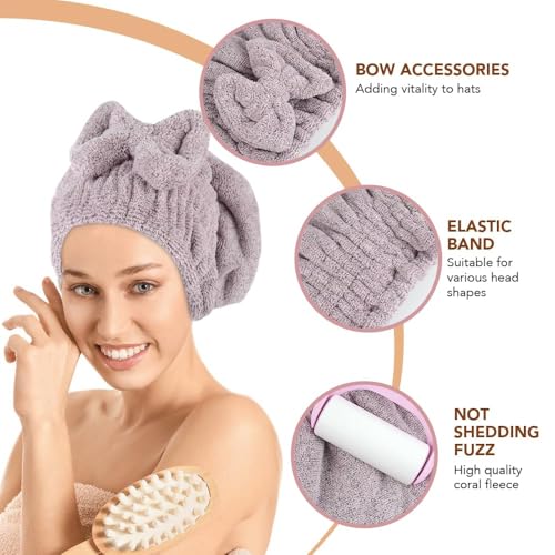 SUNLAND Large Microfiber Hair Drying Caps with Bow knot Fast Drying Shower Cap Soft and Absorbent hairWrap Hair Turban Bath Caps for Curly Thick and wet Hair 11 X 13.4 inch 2 Pack Purple