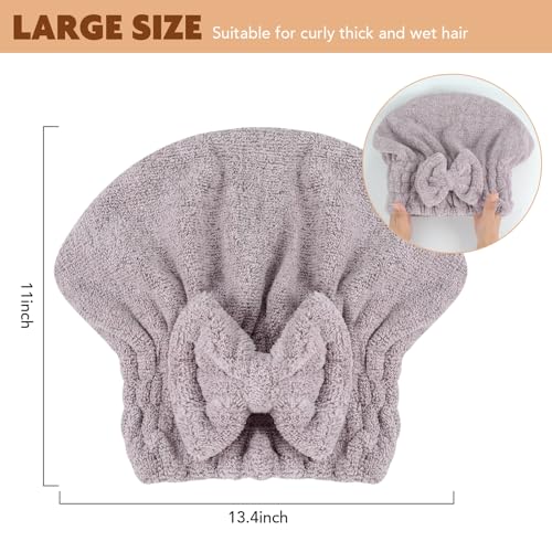 SUNLAND Large Microfiber Hair Drying Caps with Bow knot Fast Drying Shower Cap Soft and Absorbent hairWrap Hair Turban Bath Caps for Curly Thick and wet Hair 11 X 13.4 inch 2 Pack Purple