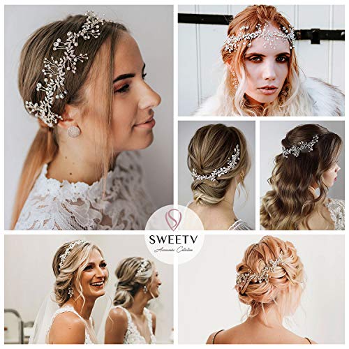 SWEETV Crystal Bridal Headpiece Silver Wedding Headband for Brides Pearl Hair Vine Rhinestone Hair Accessories for Women