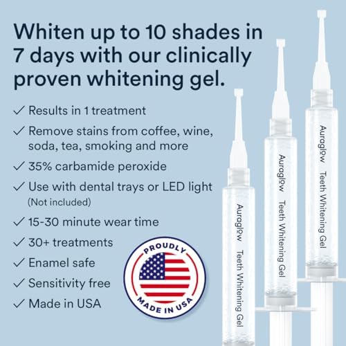 Auraglow 35% Teeth Whitening Gel Syringe Refill Pack, 35% Carbamide Peroxide, 30 Whitening Treatments, (3) 5mL Whitening Gel Syringes, Sensitive Teeth Whitening