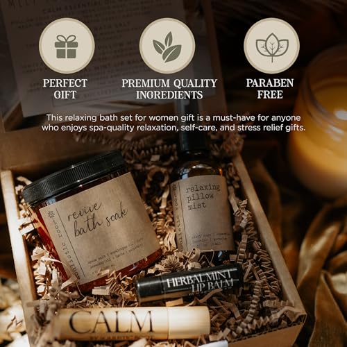 Spa Kit for Women – Relaxing Self Care Gift Set with Lavender Pillow Spray, Mint Lip Balm, Calm Essential Oil Roller & Epsom Salt Bath Soak – Luxury Pampering Package for Home & Bath