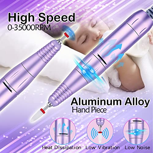 Electric Nail Drill Machine, 35000rpm Professional Drills for Acrylic Nails, Portable Electric File Manicure Tools, Cordless Rechargeable Efile Kit