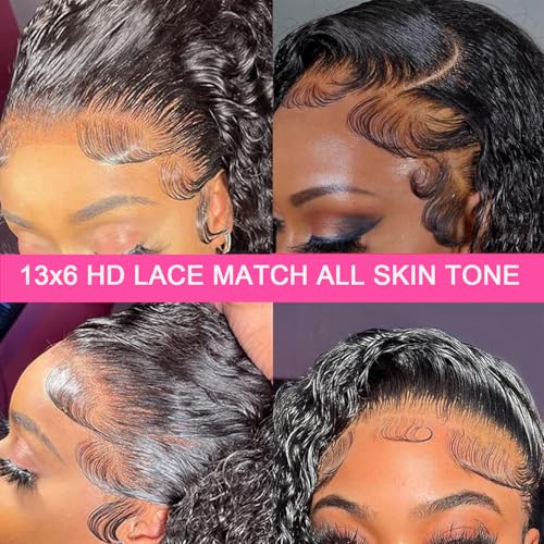 30 Inch Deep Wave Lace Front Wigs Human Hair 200 Density 13x6 HD Lace Frontal Wigs Human Hair Pre Plucked Deep Curly Glueless Wigs Human Hair with Baby Hair Curly Wigs for Women Natural Color