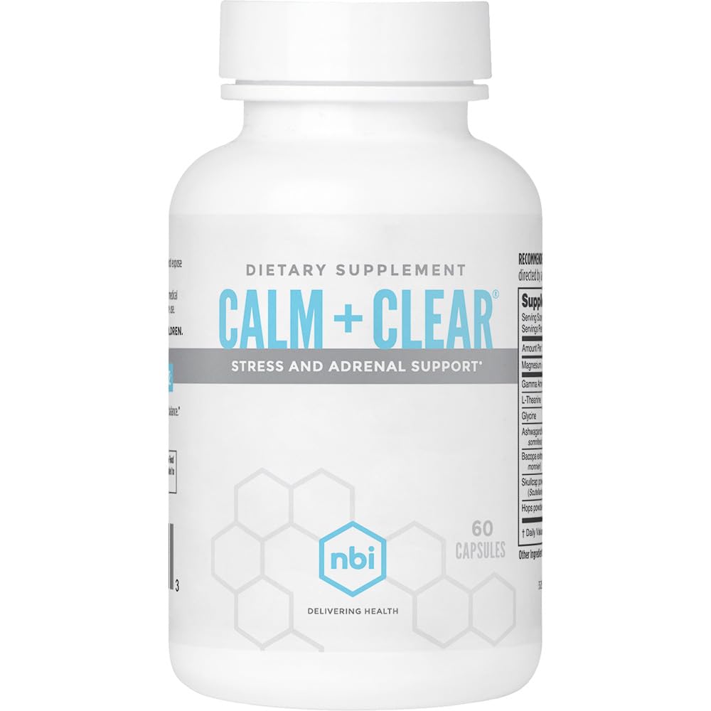 NBI Calm + Clear Mood and Focus Support | Natural Stress and Adrenal Support with Magnesium, GABA, Ashwagandha, L-Theanine, Glycine, Bacopa, Skullcap, and Hops Powder | 60 Count Capsules