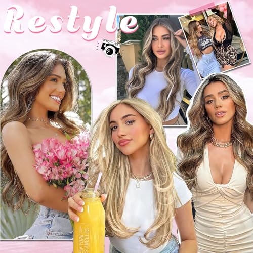 Clip in Hair Extensions Real Human Hair, Seamless Clip ins Real Human Hair for Women, Balayage Remy Human Hair Clip in Extensions, Double Weft 8pcs 16 inch Chocolate Brown to Caramel Blonde