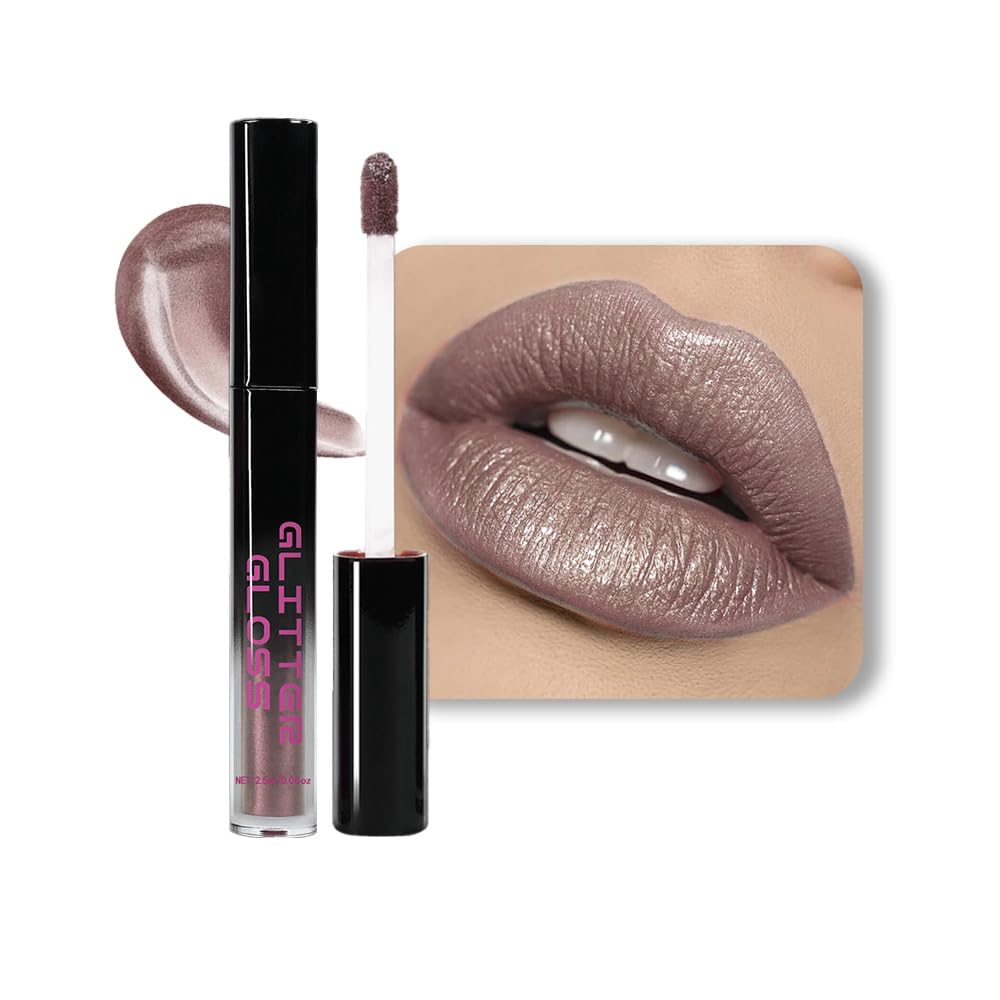 Taupe Metallic Lipstick for Women,Glitter Sparkling Liquid Lipstick,Long Lasting Waterproof Lightweight Comfortable Non-Drying Bold Dark Lip Gloss for Gothic Stage Makeup,Cruelty Free