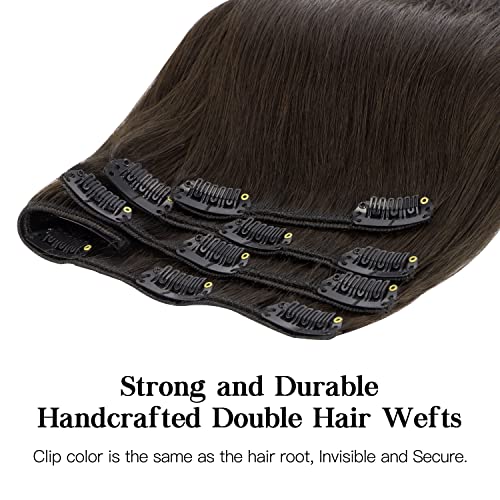 HOTBANANA Human Hair Clip in Hair Extensions, Dark Brown 120g Clip in Hair Extensions Real Human Hair Straight Remy Hair 14 Inch 7pcs