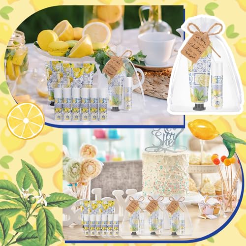 24 Sets Hand Cream and Lip Balm Gift Bridal Baby Shower Party Supply Travel Size Hand Lotion and Lip Balm Bulk with Organza Bag and Tag Wedding Bridal Baby Shower Party (Lemon)
