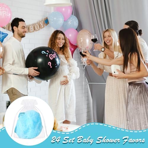 24 Sets Baby Shower Favors for Guests Include Bath Sponge Loofahs, Thank You Cards, White Organza Bags for Baptism Baby Shower Gender Reveal Birthday(Blue)