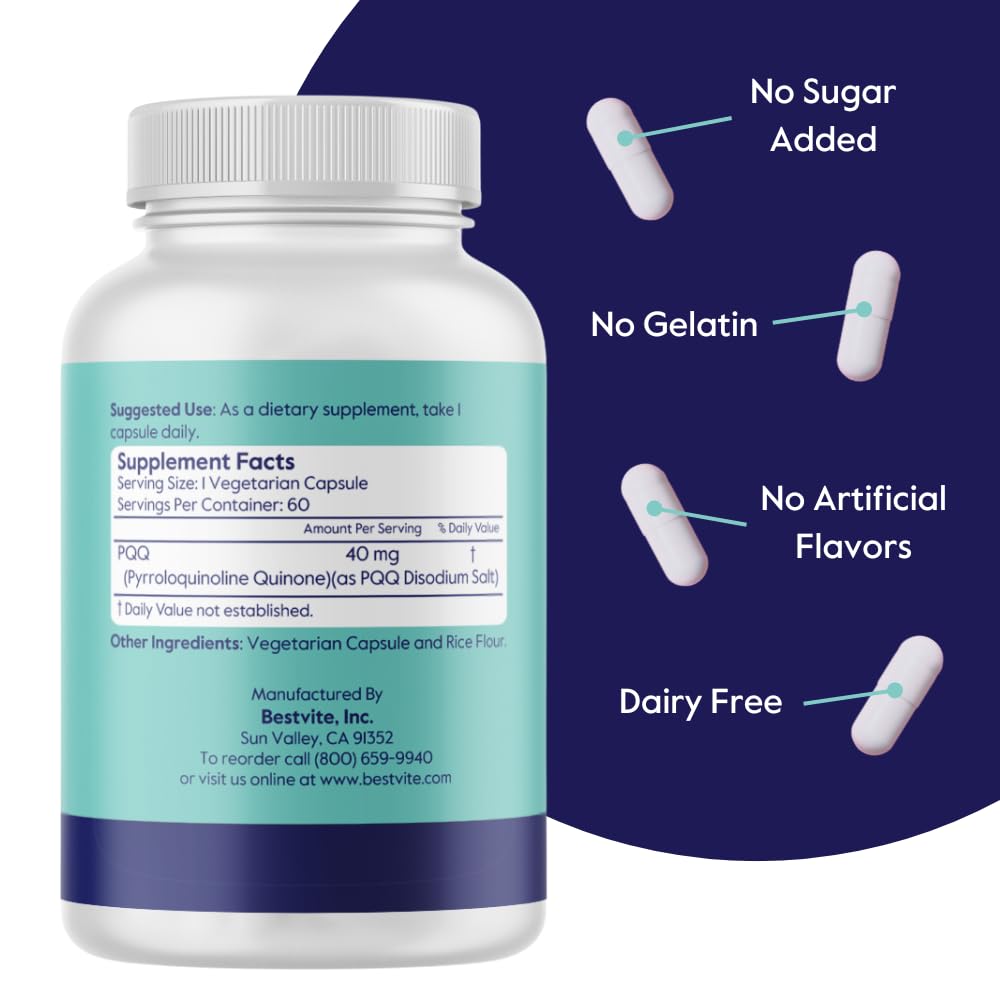 BESTVITE PQQ 40mg (Pyrroloquinoline Quinone) (120 Vegetarian Capsules) (60 x 2) - No Stearates - Vegan - Non GMO - Gluten Free