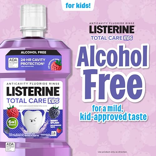 Listerine Total Care Kids Mouthwash, ADA Accepted, Alcohol-Free Anticavity Sodium Fluoride Mouthwash, Oral Rinse for Cavity Protection, Berry Splash Flavor for Kids Oral Care, 16.9 Oz, 6-Pack
