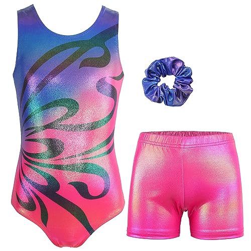 MODAFANS Leotards for Girls Gymnastics with Shorts Ballet Dance Set Athletic Leotards with Hair Scrunchie Bluish Red,4-5Years