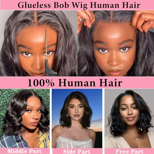 Wear and Go Glueless Bob Wig - Body Wave Lace Front Human Hair Wigs for Black Women - Pre Plucked and Pre Cut 4x4 Lace Closure - No Glue Needed for Beginners 12 Inch